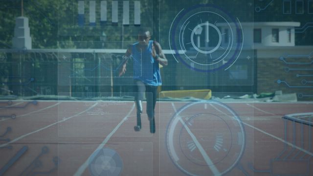 Showcasing a determined athlete with a prosthetic leg running on a track, superimposed with digital technological graphics. Highlights the integration of technology in sports to enhance performance analysis. Ideal for content focused on innovation in athletics, modern sports training, and motivational stories of overcoming adversity.