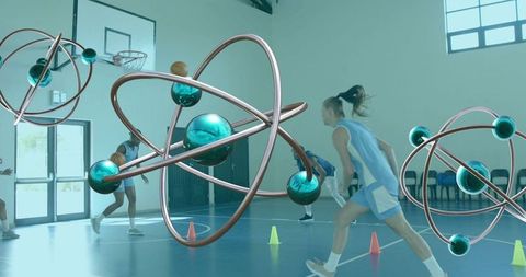 Female Basketball Player Running Amid Futuristic Metallic Orbit Spheres on Indoor Court