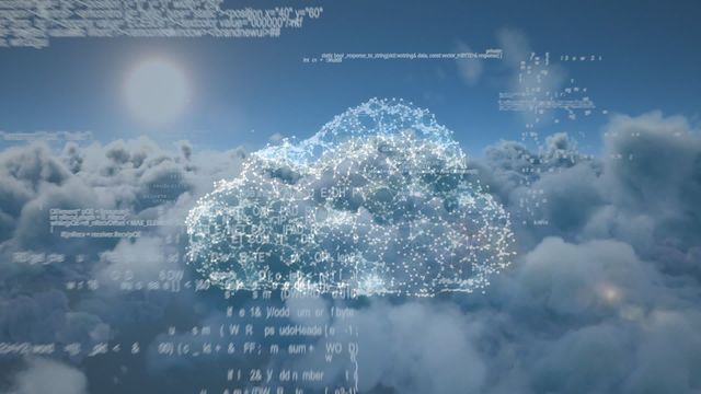 Animated visualization of cloud computing concept with digital data processing overlay on sky background. Useful for tech firms, cybersecurity companies, data science presentations, and information technology promotions.