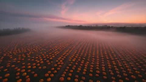 Aerial View of a Foggy Pumpkin Patch at Sunrise