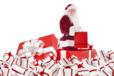 Santa Holding Red Bag Surrounded by Transparent Gifts