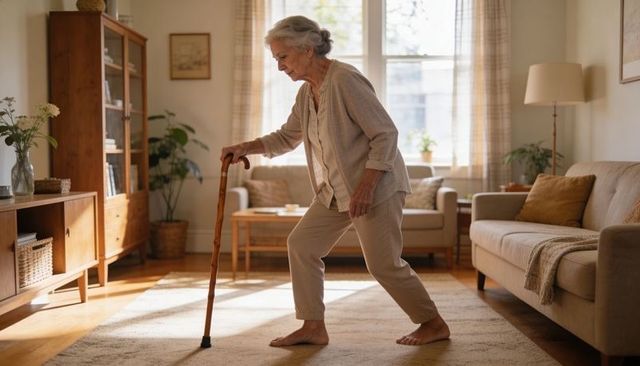 Senior woman walking with wooden cane in sunlit living room, balance and independence