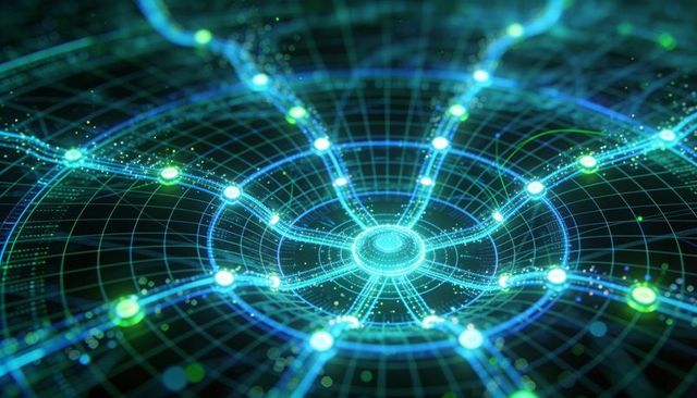 Glowing ai neural network hub radiating radial data spokes through futuristic grid