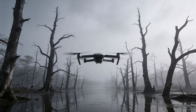 Quadcopter hovering over foggy swamp capturing reflective water and eerie dead trees