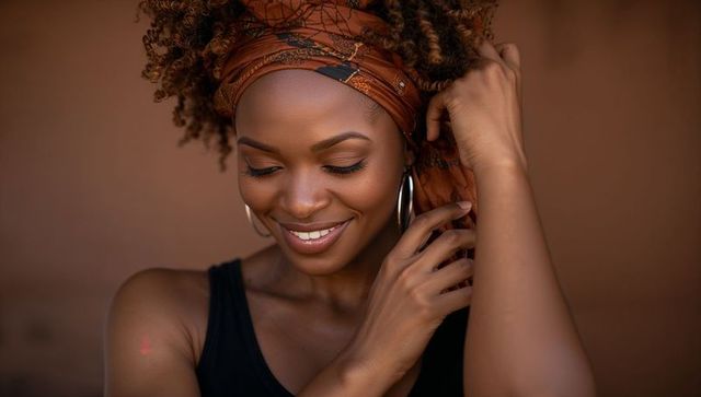 Smiling woman adjusting brown headscarf with silver hoop earrings and soft curls