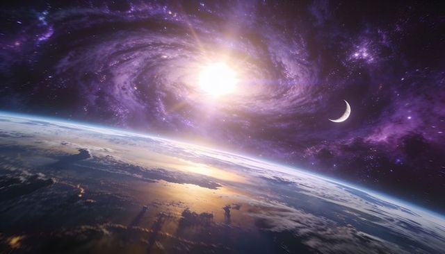 Purple nebula sunrise over curved earth limb with crescent moon and city lights