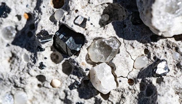Sunlit glistening quartz and metallic inclusions embedded in porous rock macro texture