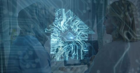 Female Doctors Discussing Healthcare Technology with Circuit Overlay - Download Free Stock Images Pikwizard.com