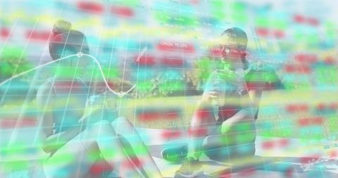 Active women taking hydration break on park mat with financial data overlay