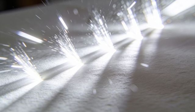Glowing fiber optic tips casting radial light streaks across textured white tabletop