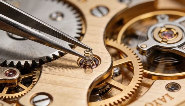 Macro watch movement repair: tweezers placing coil spring into jeweled pivot, horology