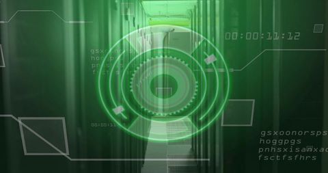 Futuristic hud overlay in data center with progressing code
