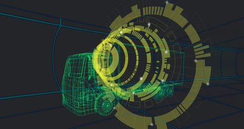 Futuristic 3D Wireframe Truck Overlay with Advanced Digital Interface