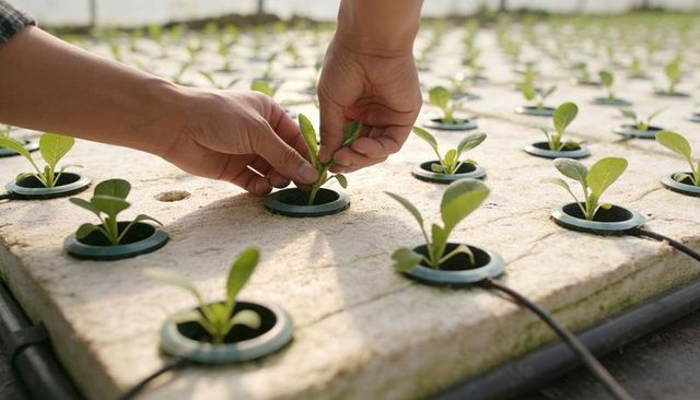 Close-up hands tending hydroponic seedlings on foam raft in greenhouse propagation