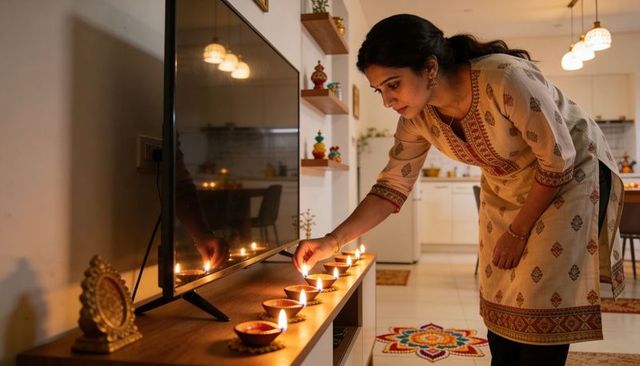 Lighting clay diyas on console for home festival decoration and traditional ambience