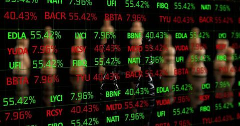 Neon stock ticker reflections with chess pawns on glossy glass symbolizing market strategy