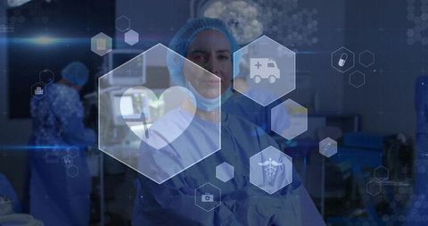 Surgeon Standing in Operating Room with Digital Medical HUD Overlay for Telemedicine