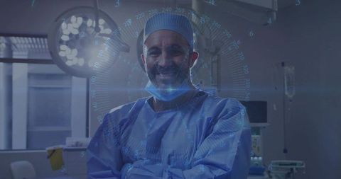 Confident surgeon standing in operating room in surgical gown with futuristic hud overlay