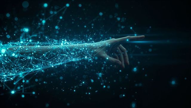 Digital arm transitioning from network mesh to real hand pointing in dark tech space