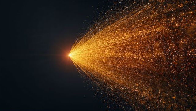 Golden particle cone emitting radiant light stream on dark studio background sparkling glitter