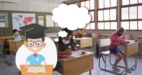 Children learning in classroom with educational animation overlays