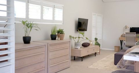 Minimalist living room with wooden furniture and potted plants