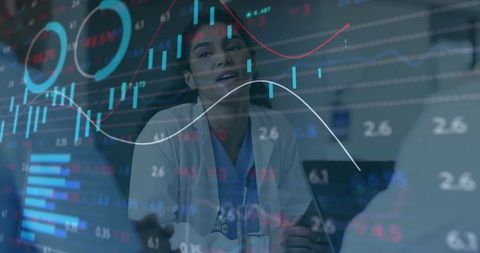 Doctor Analyzing Digital Charts with Healthcare Data Overlay