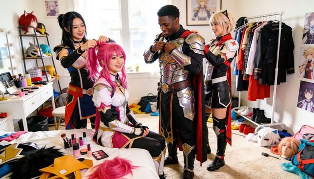 Smiling cosplayers preparing armor wigs and makeup in bright bedroom cosplay dressing room