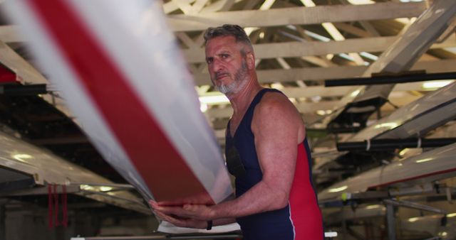 This image shows a senior man in sports gear holding onto a boat inside a boat house, engaging in preparation for a rowing activity. With an emphasis on an active lifestyle and fitness, this picture can be utilized in articles, advertisements, or promotions related to healthy living, rowing clubs, sports activities, or motivational content targeting mature age fitness.