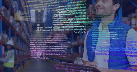 Warehouse Worker with Code Overlay Illustrating Modern Logistics