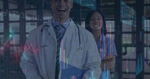 Healthcare professionals analyzing data with futuristic charts