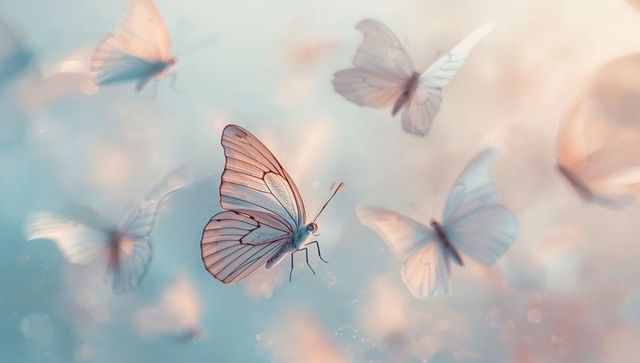 Gliding pale-blue butterfly with translucent venation and soft pastel bokeh background