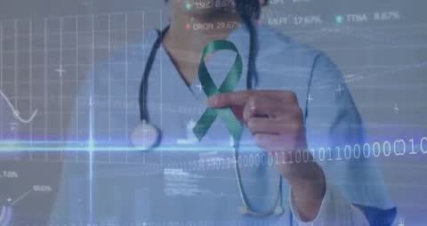 Healthcare Worker Interacting with Digital Holographic Ribbon in Futuristic Setting