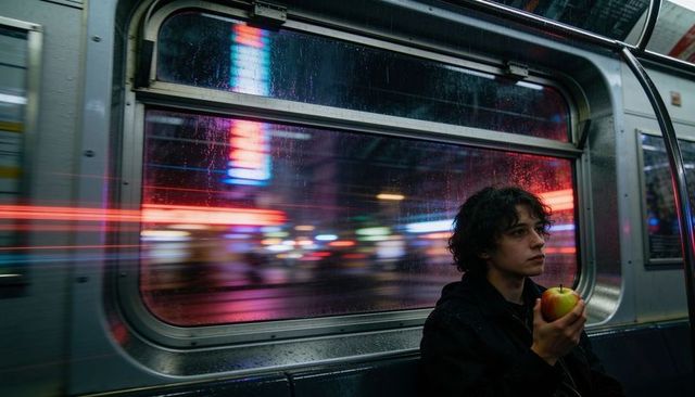 Cinematic night commuter holding apple gazing through neon-lit rainy subway window