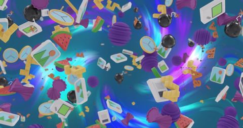 Vibrant Digital Icons Floating in Vortex