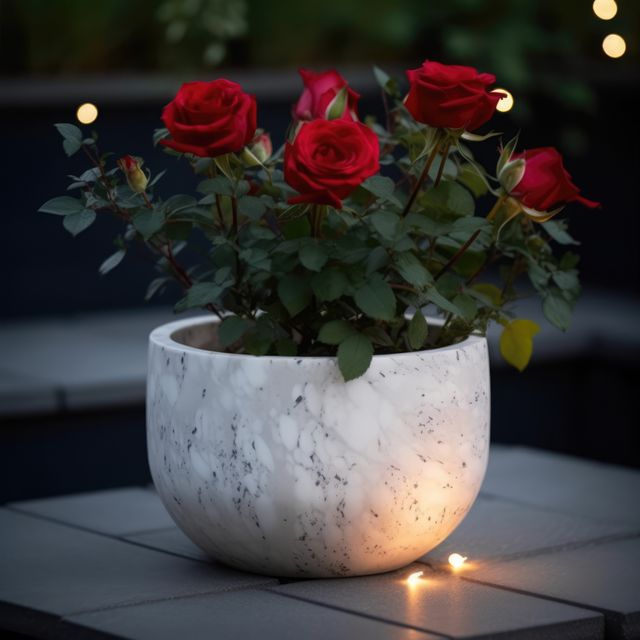 Red roses beautifully arranged in a white marble pot at night, softly illuminated by decorative lights. Ideal for use in marketing materials for garden decor, romantic evening settings, flower shops, and home decor inspiration.