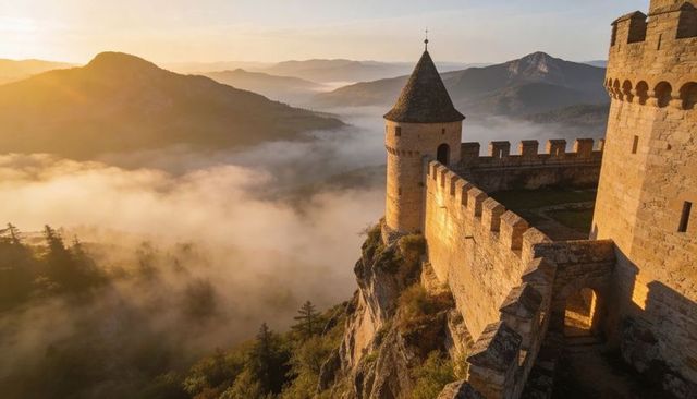 Sunrise castle keep on cliff with round tower and crenellated wall over misty valley