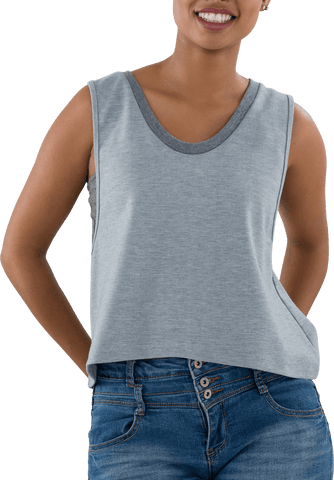 Stylish Gray Top Featuring Jeans on Smiling Woman Isolated