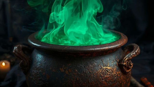 Green vapor rising from magical cauldron in dark ambiance