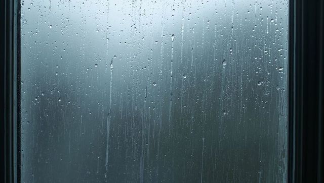 Raindrops sliding down window glass with moody blue light and fogged condensation
