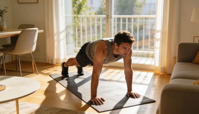 Man holding plank on mat in sunlit living room performing intense home workout