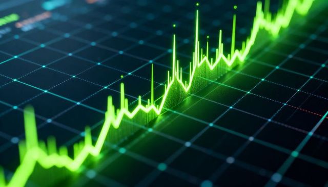 Neon green line chart climbing across dark 3d grid with glowing nodes and mesh