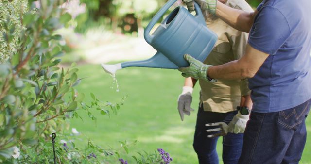 Image of happy biracial senior couple watering plants in garden. active retirement lifestyle, senior relationship, hobby and spending time together.
