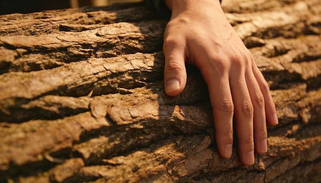 Resting adult hand pressing palm-down on textured tree bark close-up, nature touch