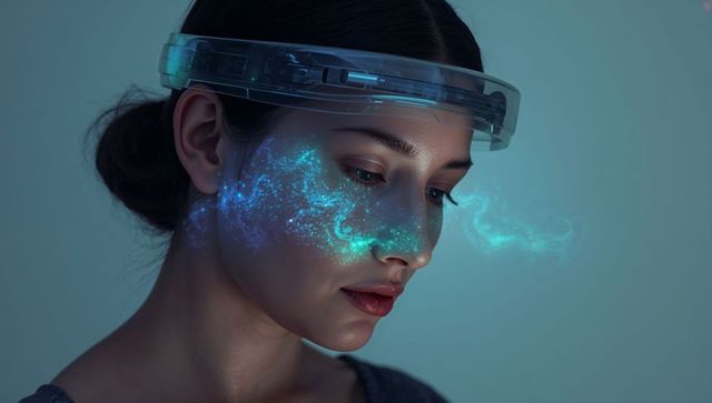 Young woman wearing transparent ar visor gazing at blue-green holographic projection
