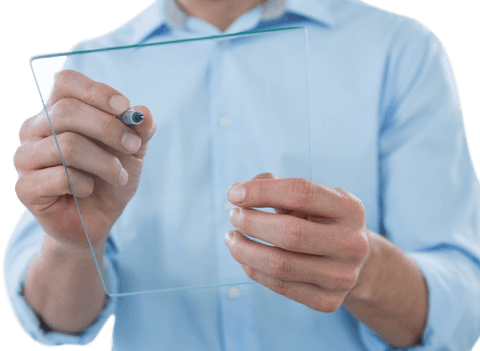 Man Holding Transparent Glass Tablet in Blue Shirt