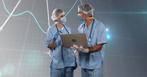 Image depicts two surgeons in scrubs and masks examining a laptop screen with overlaid financial graphs and data, symbolizing integration of medical expertise with technology and data analysis. Useful for illustrating futuristic healthcare technology, advancements in medical finance systems, and the collaboration between medical and tech industries.