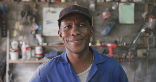 Smiling Worker in Blue Overalls in Workshop - Download Free Stock Images Pikwizard.com