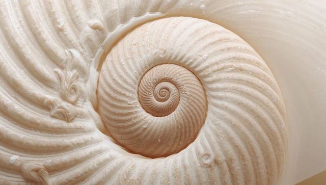 Macro spiral marine shell revealing intricate calcified ridges and creamy nacreous texture