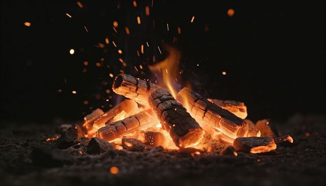Crackling campfire logs with glowing embers and flying sparks at night